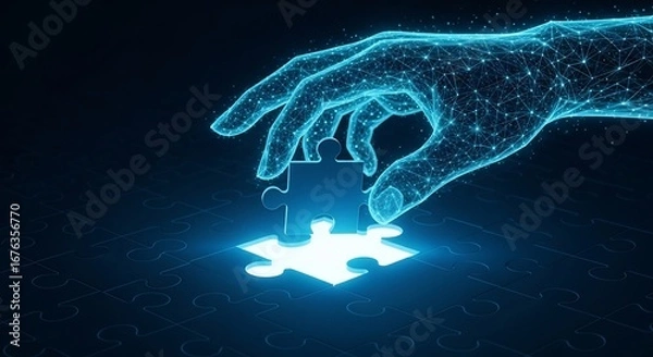 Fototapeta Digital hand placing puzzle piece technology and innovation concept.