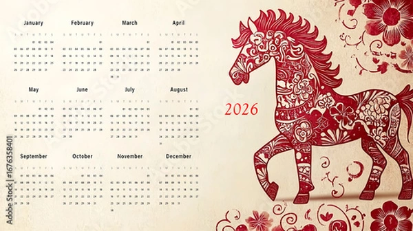 Fototapeta 2026 horse representing chinese new year with floral design and full calendar year display