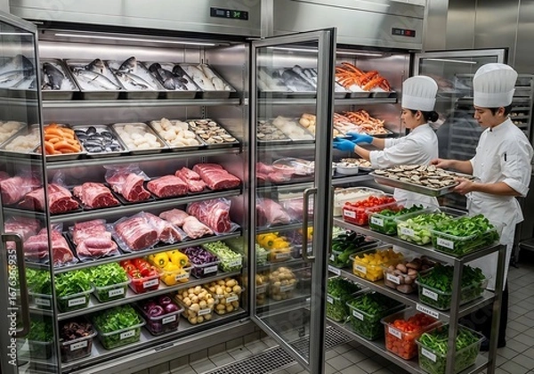 Fototapeta Restaurant kitchen cold storage area with chefs carefully organizing seafood, meat, and vegetables in walk-in refrigerators for preservation