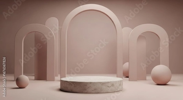 Fototapeta Minimalist, blush-toned scene with arches and spheres.  A pale, marble podium is central