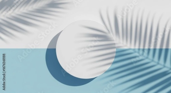 Fototapeta Minimalist, light-and-shadow presentation.  A pale gray/white circle is centered on a teal/baby-blue background, surrounded by palm leaf shadows