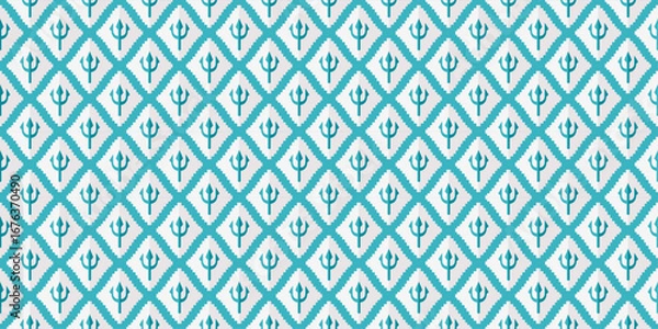 Fototapeta Geometric Seamless Pattern with Trident Motif in Blue and White