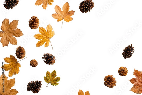 Fototapeta Autumn leaves and pine cones scattered on black background