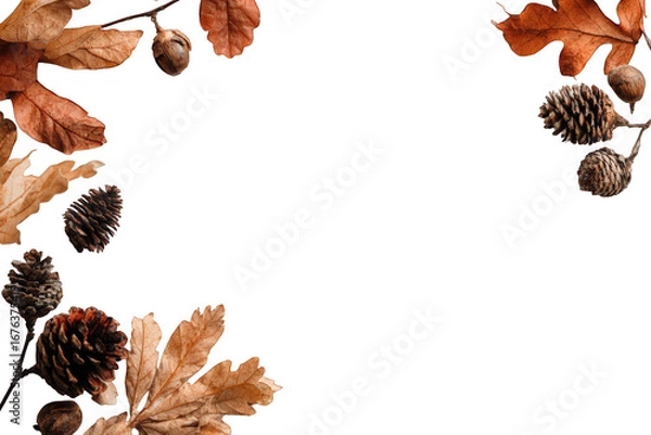 Obraz Autumn leaves and pine cones on black background