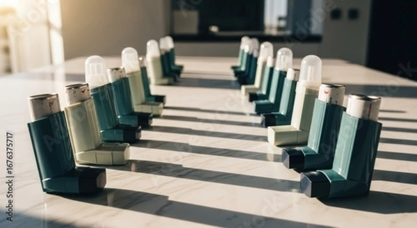 Fototapeta Multiple inhalers arranged on a light marble surface, sunlight casts shadows