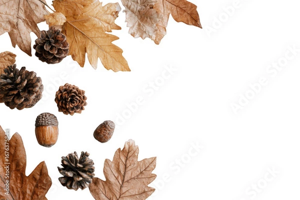 Obraz Autumnal display of fallen leaves, pinecones, and acorns