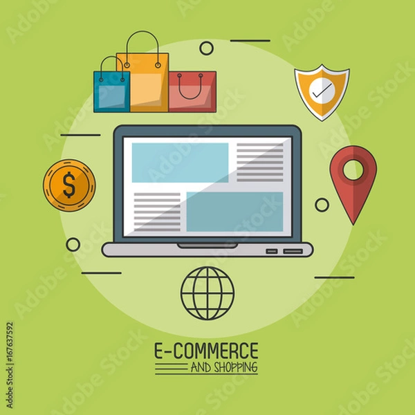 Fototapeta colorful poster in green background of e-commerce and shopping with laptop computer in closeup and commerce icons around vector illustration