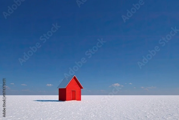 Fototapeta Red house on a snow-covered plain under a vast blue sky
