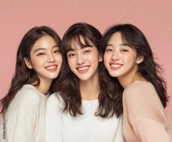 Obraz ピンクの背景で笑顔を見せる3人の若い女性　笑顔の女性の友人グループのポートレート