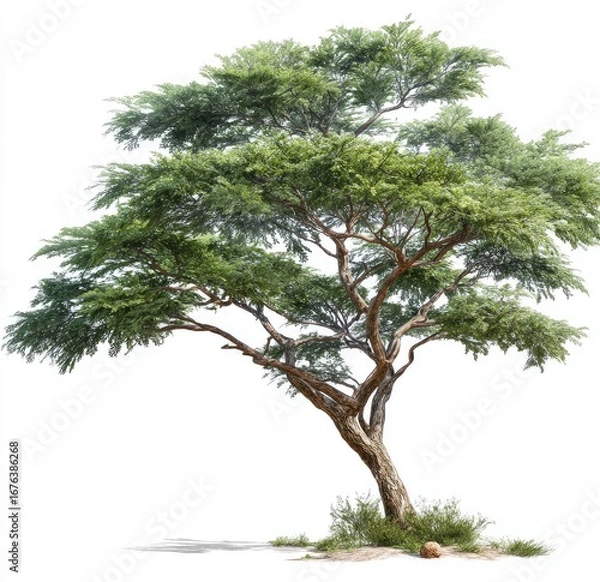 Fototapeta Full shot of a broadleaf tree with light green foliage and a slightly irregular, gnarled trunk