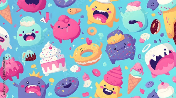 Fototapeta cute candy monsters background flat vector
