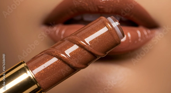 Fototapeta Luxurious Brown Lip Gloss Application for a Glossy and Elegant Makeup Look