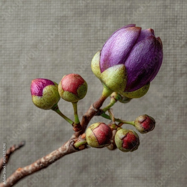 Obraz Close-up of a purple flower bud and surrounding buds on a branch