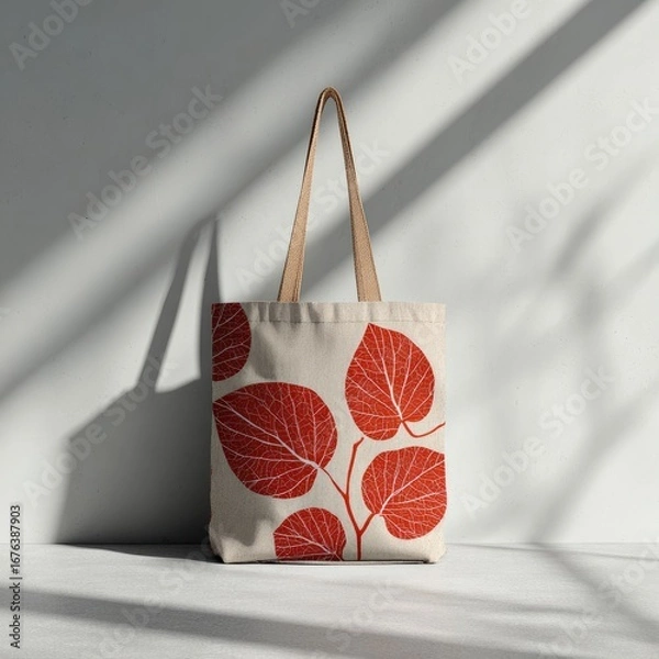 Obraz Beige tote bag with red leaf design
