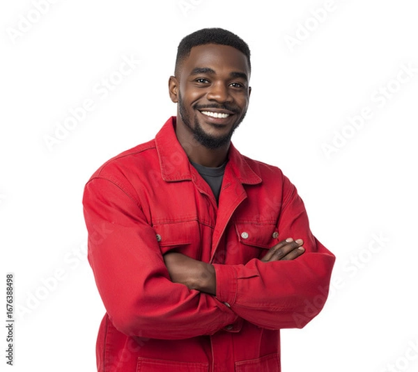 Fototapeta Confident Young African American Man Smiling in Red Jacket with Arms Crossed isolated on a transparent background