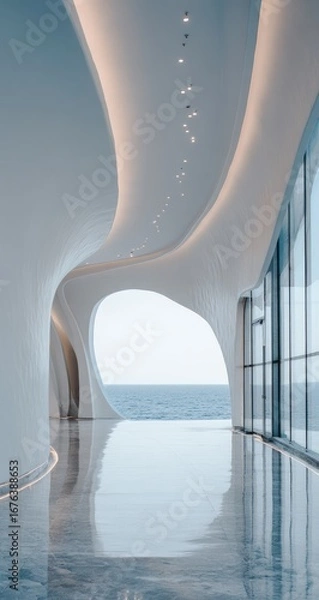 Obraz Modern, smooth, white architectural hallway with a curved ceiling and glass walls
