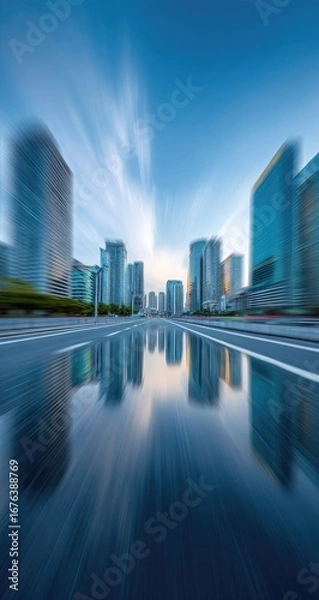 Obraz Urban cityscape reflected in wet road, motion blur