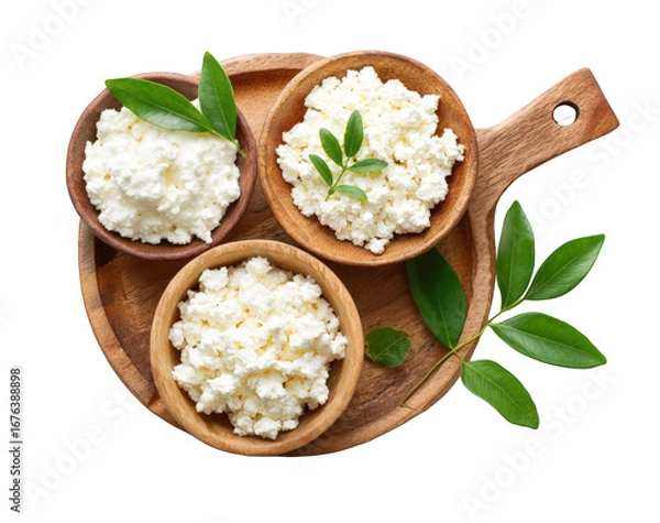Obraz Wooden platter with three small bowls of ricotta cheese, garnished with fresh leaves