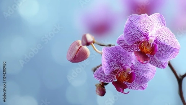 Obraz Close-up of two vibrant pink orchids against a soft blue background
