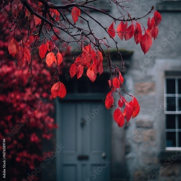 Obraz Autumnal doorway, vibrant red leaves against grey stone