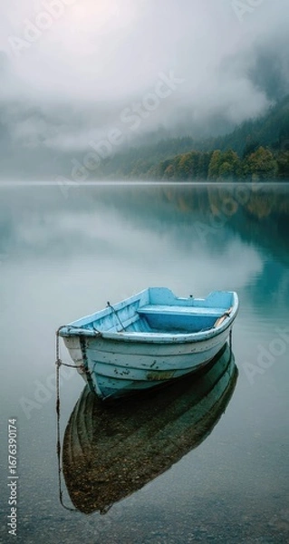 Obraz Tranquil blue boat on a glassy lake, misty mountains in the background
