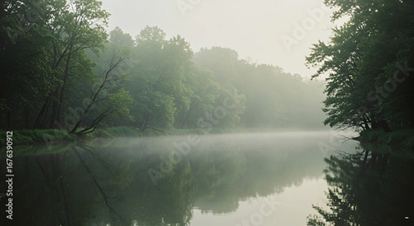 Fototapeta Serene river landscape at dawn, shrouded in mist, reflecting trees and sky