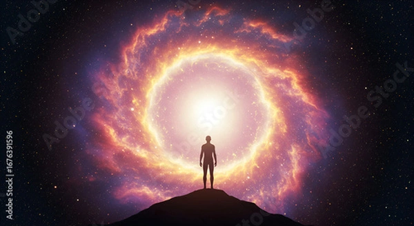 Fototapeta Silhouette of a man on a hill facing a celestial portal in space scene