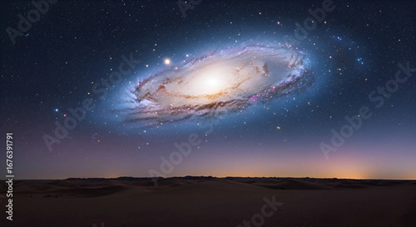 Fototapeta Spectacular galaxy view over a desert landscape, a mesmerizing astronomical wonder