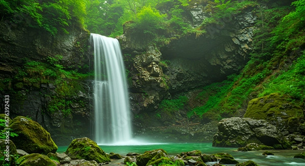 Fototapeta Spectacular waterfall cascades into a vibrant turquoise pool surrounded by lush greenery