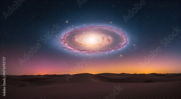 Fototapeta Surreal desert landscape with a celestial galaxy hovering above the dunes