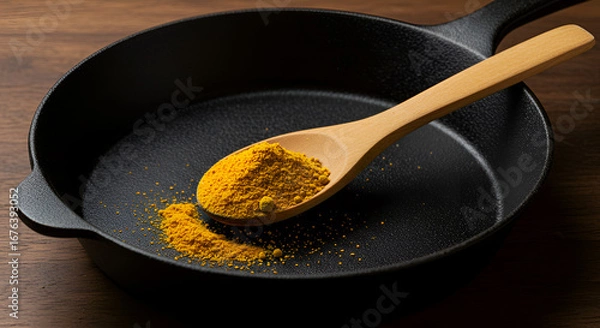 Fototapeta Turmeric spice on a wooden spoon in a cast iron pan for culinary use