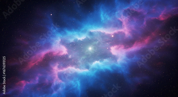 Fototapeta Vibrant nebula cloudscape with purple, pink and blue hues in deep space