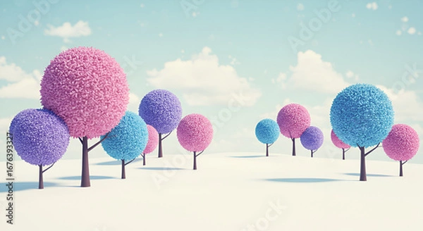 Fototapeta Whimsical Pastel Landscape with Cartoon Trees and a Soft Sky Rendering