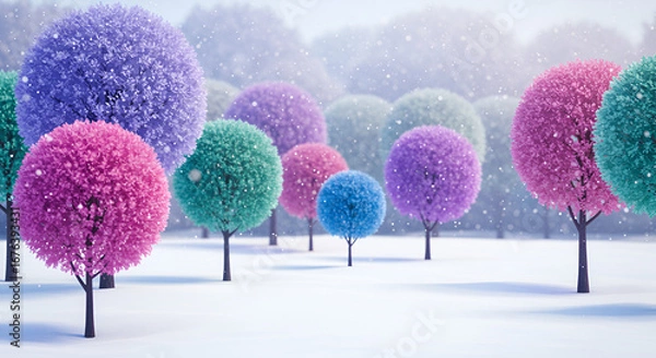 Fototapeta Whimsical winter wonderland: a forest of vibrant trees under gentle snowfall