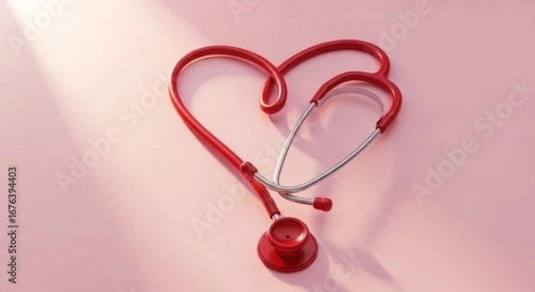 Fototapeta Red stethoscope shaped like a heart on a pink background