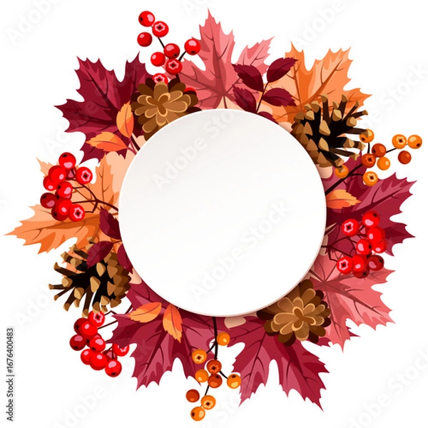 Fototapeta Autumn circle card with red and orange fall leaves, pine cones, and rowan berries. Greeting or invitation card design. Vector illustration