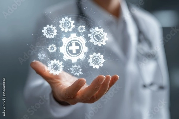 Fototapeta Holographic medical gears held in a doctor's hand