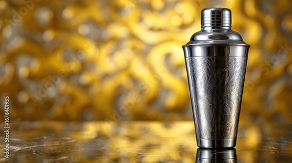 Fototapeta Elegant Cocktail Shaker Stands on a Reflective Surface Against a Golden Patterned Backdrop