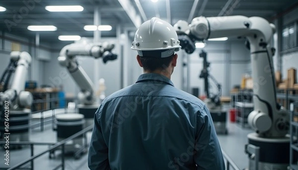 Fototapeta Operator Observing Advanced Robotic Arms in Modern Industrial Facility