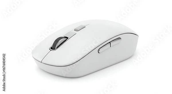Fototapeta Modern white wireless computer mouse with an ergonomic design side buttons and a dark scroll wheel.