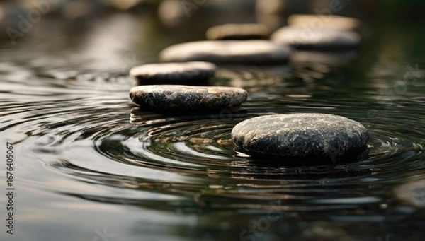 Obraz Smooth stones form a pathway across calm water, ripples spreading outward