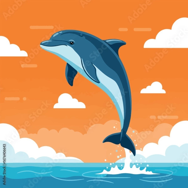 Obraz Illustration of a dolphin jumping out of the ocean against an orange sky with clouds.