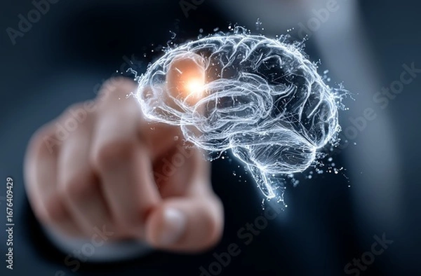 Fototapeta Businessman interacting with virtual digital brain and futuristic connection technology on blue background, AI concept for business data analysis and marketing strategy