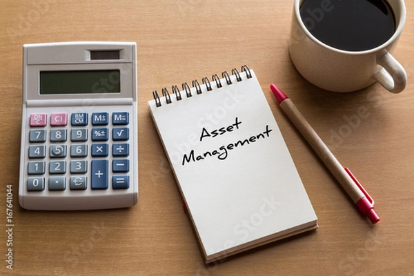 Fototapeta Asset Management, business conceptual - handwriting on notepad with cup of coffee and calculator