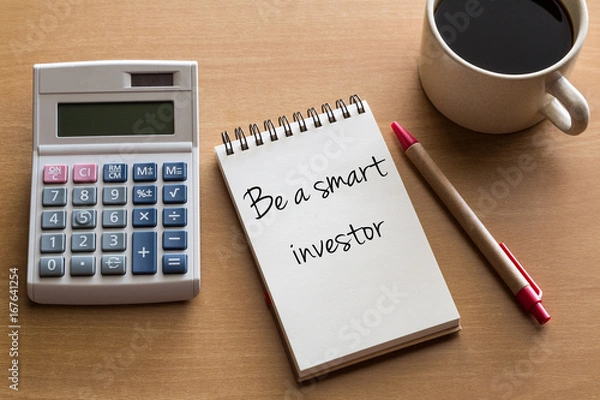 Fototapeta Be a smart investor, financial concept - handwriting on notepad with cup of coffee and calculator