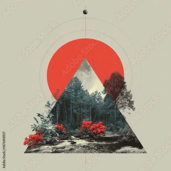 Obraz Abstract triangle graphic; nature scene within, red sun, dark trees, and flowing water