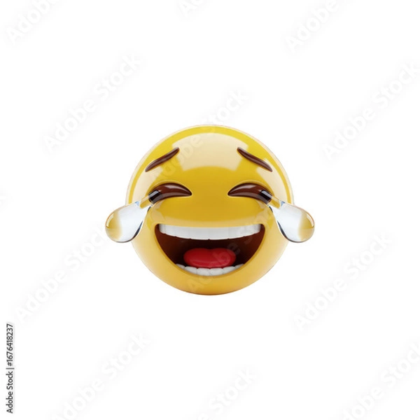 Fototapeta A yellow emoji with tears of joy and a wide smile on a black background in a digital rendering style