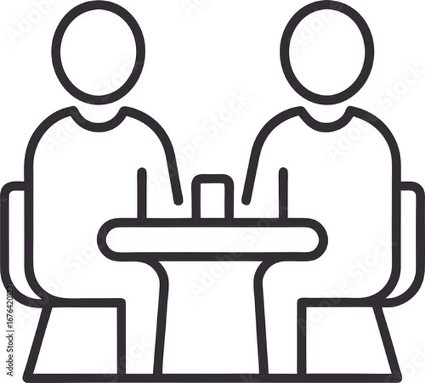 Fototapeta Vector art of two people sitting at a table, simple line art icon