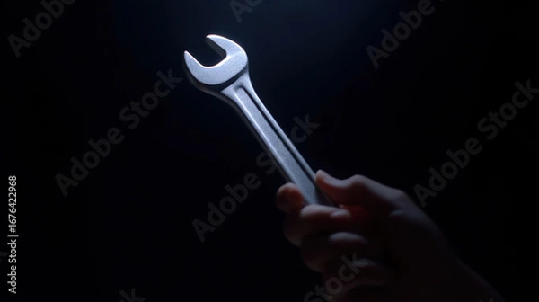 Fototapeta Hand holding metal wrench tool in dark background with dramatic lighting creating cinematic effect and focused detail
