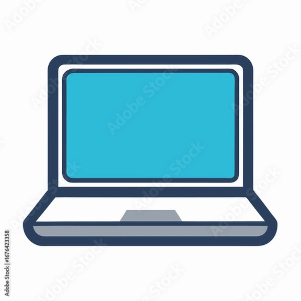 Fototapeta Vector art of a simple, stylized illustration of an open laptop computer with a blue screen and dark blue bezel, isolated on a